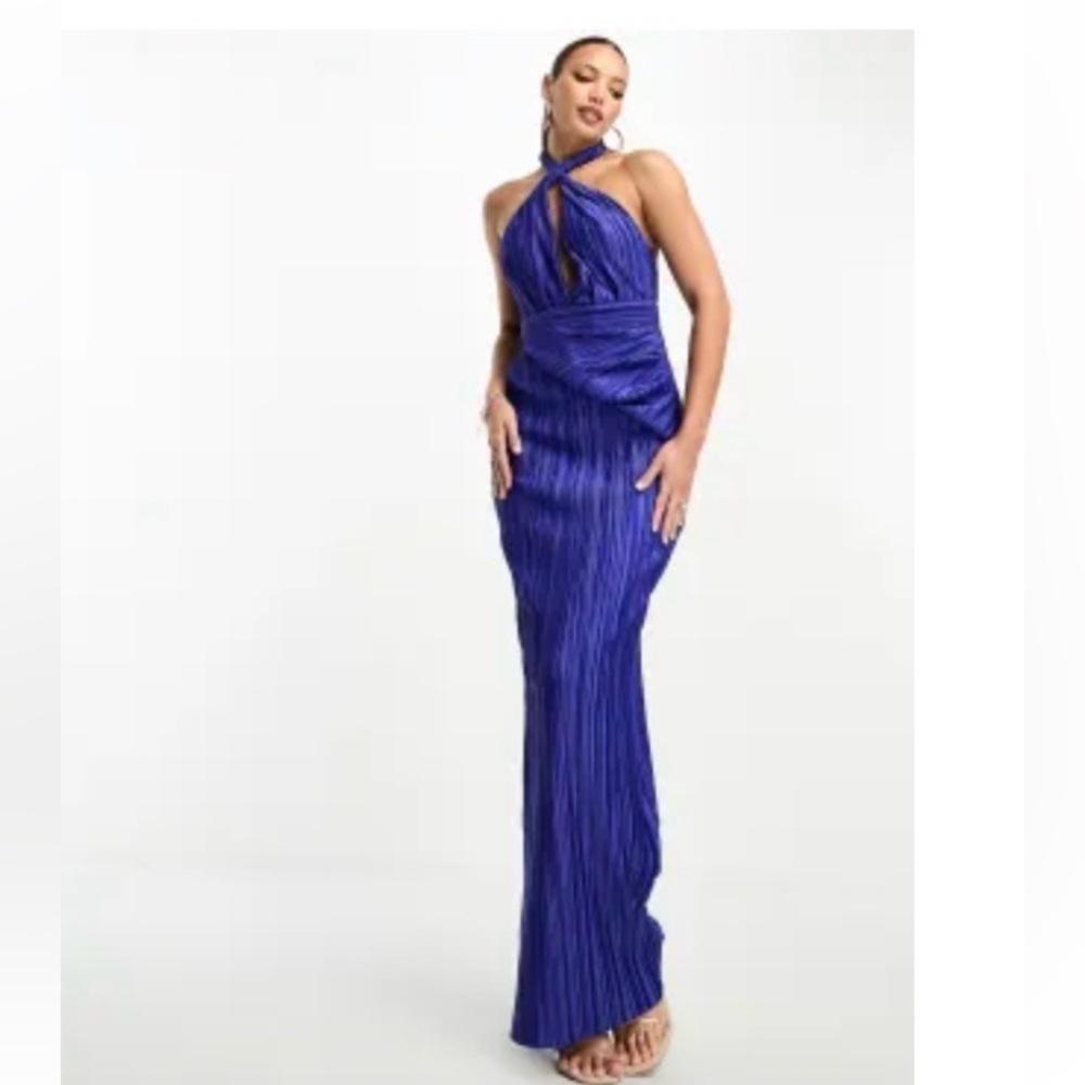 ASOS DESIGN Tall plunge halter cowl back plisse maxi dress in cobalt blue